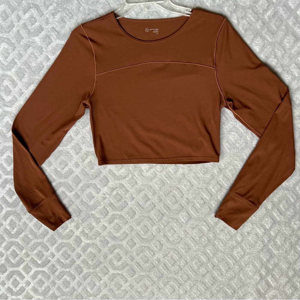 Aerie Women’s Cropped Top Back Cut Out Long Sleeve Stretchy Blouse Brown Size L